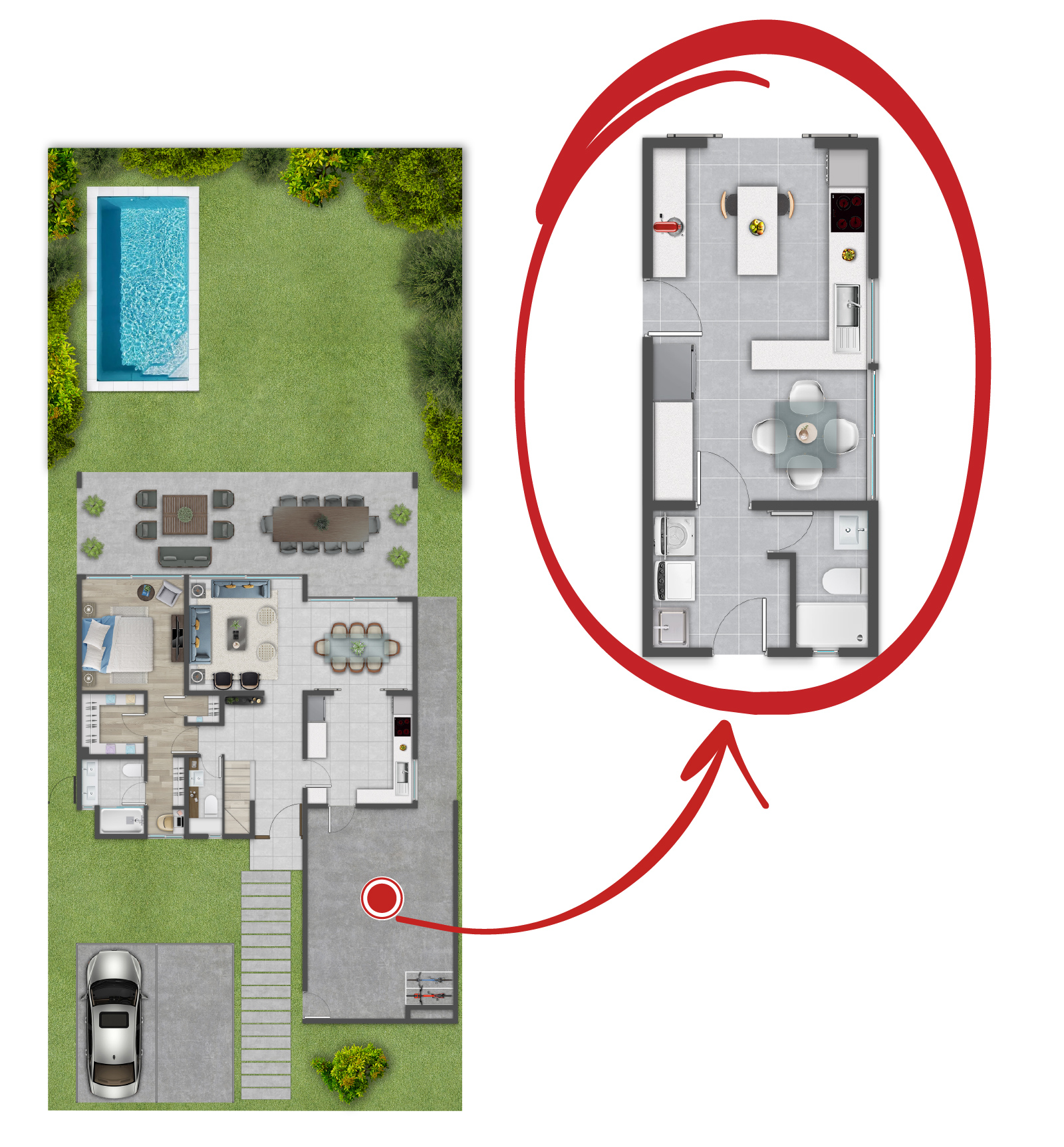 Plano Family Room, baño servicio y logia Casa Tipo A1